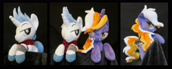 Size: 2653x1061 | Tagged: safe, artist:fireflytwinkletoes, oc, oc only, oc:candy corn, oc:ice breaker, alicorn, bat pony, pony, unicorn, bats!, alicorn oc, couple, female, irl, male, mare, oc x oc, photo, plushie, stallion