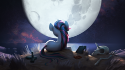 Size: 1920x1080 | Tagged: safe, artist:makkon, oc, oc only, oc:blackjack, pony, unicorn, fallout equestria, fallout equestria: project horizons, beach, cassette tape, cliff, fanfic, fanfic art, gun, horn, looking away, mare in the moon, moon, night, night sky, ocean, picture, pistol, reflection, sad, skeleton, skull, sky, solo, stars, suicide, weapon