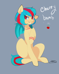 Size: 1200x1500 | Tagged: safe, artist:kikiluv, oc, oc only, oc:cherry bomb, bat pony, pony, fangs, freckles, offspring, slit eyes, smiling, solo