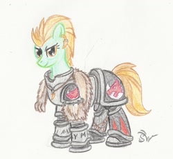 Size: 1260x1165 | Tagged: safe, artist:sensko, lightning dust, pony, armor, crossover, earring, female, mare, pelt, pencil drawing, piercing, power armor, solo, space marine, space wolves, traditional art, warhammer (game), warhammer 30k, warhammer 40k