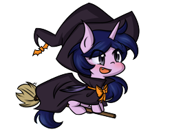 Size: 2900x2300 | Tagged: safe, artist:littlecloudie, oc, oc only, oc:misty glitz, bat pony, pony, unicorn, blushing, bow, broom, cute little fangs, fangs, flying, flying broomstick, hat, open mouth, simple background, solo, transparent background, witch, witch hat