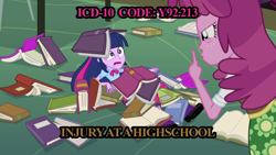 Size: 1920x1080 | Tagged: safe, edit, edited screencap, screencap, cheerilee, twilight sparkle, equestria girls, equestria girls (movie), book, icd-10, library, pink text, text