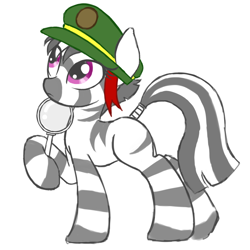 Size: 1000x1000 | Tagged: safe, artist:lemon, oc, oc only, oc:samoa, zebra, cute, filly, filly guides, investigator, magnifying glass, solo, thinking