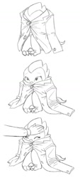 Size: 640x1420 | Tagged: safe, artist:carnifex, barb, spike, oc, oc:anon, human, barbabetes, clothes, cute, hiding, jacket, monochrome, rule 63, rule63betes, sitting