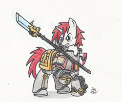 Size: 2096x1752 | Tagged: safe, artist:sensko, oc, oc only, pony, unicorn, armor, bolter, crossover, grey knights, halberd, magic, magic aura, nemesis force halberd, pencil drawing, polearm, power armor, solo, spear, telekinesis, traditional art, warhammer (game), warhammer 40k, weapon