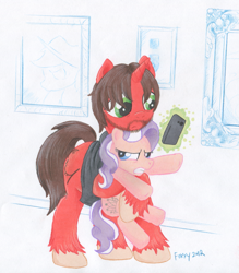 Size: 1077x1231 | Tagged: safe, artist:foxxy-arts, diamond tiara, oc, alfred hitchcock, m.a. larson, phone, ponified, ponysona, traditional art