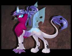 Size: 1800x1400 | Tagged: safe, artist:blackfreya, oc, oc only, changeling, griffon, hybrid, original species, changelingified, female, purple changeling, solo