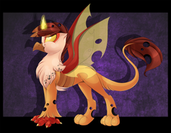 Size: 1800x1400 | Tagged: safe, artist:blackfreya, oc, oc only, changeling, griffon, hybrid, original species, changelingified, male, orange changeling, solo