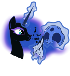 Size: 7447x8000 | Tagged: safe, artist:amorecadenza, nightmare moon, absurd resolution, bust, glowing horn, helmet, magic, music notes, polishing, portrait, simple background, solo, telekinesis, transparent background, whistle