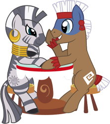 Size: 434x488 | Tagged: safe, artist:thecheri, temple chant, zecora, zebra, background pony, female, male, shipping, simple background, stool, straight, table, transparent background, vector, zechant