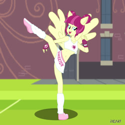 Size: 2000x2000 | Tagged: safe, artist:dieart77, majorette, equestria girls, friendship games, belly button, breasts, canterlot high, cheerleader, cleavage, clothes, commission, exeron fighters, exeron gloves, female, field, fingerless gloves, gloves, kick, midriff, miniskirt, open mouth, ponied up, shoes, skirt, skirt lift, sneakers, socks, solo, sports bra, wondercolts