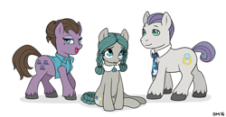 Size: 1234x642 | Tagged: safe, artist:sorcerushorserus, oc, oc only, oc:pettipoint, oc:primrose, oc:pyrite, earth pony, pony, crack shipping, offspring, parent:cloudy quartz, parent:hondo flanks, parents:hondoquartz, shipping, siblings