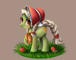 Size: 3000x2400 | Tagged: safe, artist:izymibrony, granny smith, apple, raised hoof, simple background, smiling, solo, young granny smith, younger