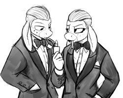 Size: 1280x1024 | Tagged: safe, artist:gordonfreeguy, oc, oc only, oc:donk, oc:donk sis, anthro, donkey, alternate hairstyle, barely pony related, bowtie, cigarette, clothes, crossdressing, donk twins, lighter, makeup, monochrome, sketch, smoking, tuxedo