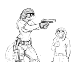 Size: 1280x1024 | Tagged: safe, artist:gordonfreeguy, oc, oc only, oc:donk, oc:donk sis, anthro, donkey, belt, cute, donk twins, goggles, gun, gun magazine, handgun, headphones, holster, m1911, monochrome, sketch, target practice