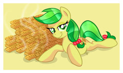 Size: 1024x606 | Tagged: safe, artist:xwhitedreamsx, apple fritter, apple family member, apple fritter (food), bedroom eyes, food, looking at you, lying down, solo, steam