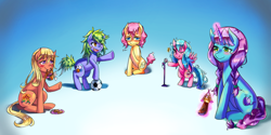 Size: 900x450 | Tagged: safe, artist:tzc, oc, oc only, oc:coral, oc:ivy, oc:melody, earth pony, pony, unicorn, commission, glowing horn, magic, microphone