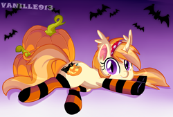 Size: 1280x866 | Tagged: safe, artist:spookyle, oc, oc only, oc:pumpkin patch, bat pony, pony, bat pony oc, bat pony unicorn, black cat, clothes, jack-o-lantern, pumpkin, socks, solo, striped socks