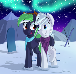 Size: 1700x1653 | Tagged: safe, artist:january3rd, double diamond, oc, oc:moonlit ace, aurora borealis, clothes, cute, scarf, skis, snow, snowboard, winter