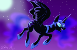 Size: 1024x669 | Tagged: safe, artist:wubcakeva, nightmare moon, alicorn, pony, female, flying, glowing eyes, mare, moon, night, signature, sky, solo, stars