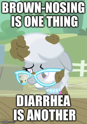 Size: 315x447 | Tagged: safe, edit, edited screencap, screencap, silver spoon, one bad apple, cannot unsee, caption, diarrhea, image macro, meme, out of context, poop