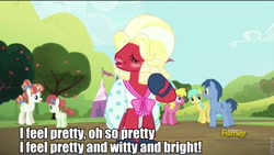 Size: 800x450 | Tagged: safe, screencap, big macintosh, blues, cherry berry, noteworthy, rainberry, rainbow stars, sunshower raindrops, earth pony, pony, brotherhooves social, crossdressing, image macro, male, meme, orchard blossom, stallion