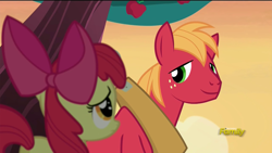 Size: 1920x1080 | Tagged: safe, screencap, apple bloom, big macintosh, earth pony, pony, brotherhooves social, brother and sister, female, male, siblings, stallion, sunset