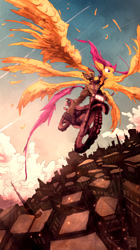 Size: 889x1588 | Tagged: safe, artist:loukolaworks, scootaloo, anthro, seraph, badass, city, clothes, jacket, motorcycle, multiple wings, older, scootaloo can fly, solo, wings