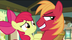 Size: 1920x1080 | Tagged: safe, screencap, apple bloom, big macintosh, earth pony, pony, brotherhooves social, farm, frown, grin, i need an adult, lidded eyes, male, out of context, shit eating grin, slasher smile, smirk, smug, stallion, wide eyes, worried