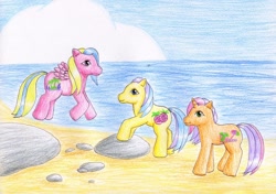 Size: 1024x720 | Tagged: safe, artist:normaleeinsane, pony, g1, baby, baby beach ball, baby palm tree, baby pineapple, baby pony, beach, traditional art