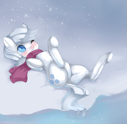 Size: 800x780 | Tagged: dead source, safe, artist:misukitty, double diamond, the cutie map, blushing, clothes, double dawwmond, lying, misleading thumbnail, on back, scarf, snow, snowfall, solo, underhoof