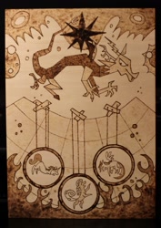 Size: 1280x1812 | Tagged: safe, artist:horseez, discord, draconequus, male, pyrography, solo, woodwork