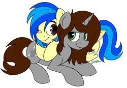 Size: 2100x1450 | Tagged: safe, artist:bravelyart, oc, oc only, oc:cubic, oc:silvia, pegasus, pony, unicorn, cuddling, cute, snuggling