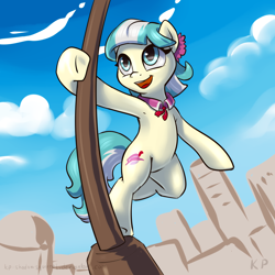 Size: 1500x1500 | Tagged: safe, artist:kp-shadowsquirrel, coco pommel, earth pony, pony, armpits, bipedal, chicago, cocobetes, cute, female, lamppost, manehattan, mare, singin' in the rain, solo