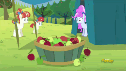 Size: 500x281 | Tagged: safe, screencap, apple bloom, cotton sky, rainberry, rainbow stars, brotherhooves social, animated, apple, discovery family, discovery family logo, spit, yay