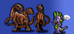 Size: 2711x1242 | Tagged: safe, artist:darkone10, spike, dinosaur, dragon, velociraptor, jurassic park