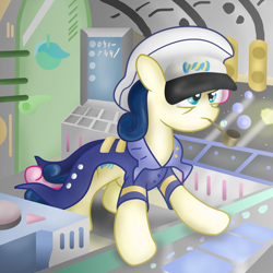 Size: 1420x1420 | Tagged: safe, artist:041744, bon bon, sweetie drops, earth pony, pony, admiral, background pony, bon bon is not amused, bubble, bubble pipe, clothes, das boot, female, frown, glare, hat, implied lyra, jürgen prochnow, mare, pipe, solo, submarine, uniform