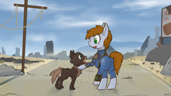 Size: 2931x1649 | Tagged: dead source, safe, artist:erthilo, oc, oc only, oc:littlepip, dog, pony, unicorn, fallout equestria, butt, clothes, fallout, fallout 4, fanfic, fanfic art, female, mare, pipbuck, ruins, solo, vault suit, wasteland