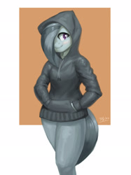 Size: 2000x2667 | Tagged: safe, artist:burgerkiss, marble pie, anthro, earth pony, abstract background, blushing, bottomless, clothes, cute, female, hands in pockets, hoodie, marblebetes, mare, partial nudity, smiling, solo