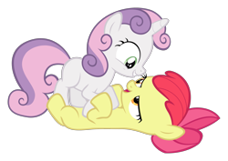 Size: 2999x2125 | Tagged: safe, artist:sollace, apple bloom, sweetie belle, pony, brotherhooves social, bedroom eyes, cute, on back, open mouth, out of context, simple background, transparent background, vector