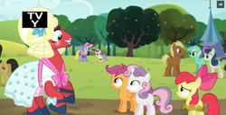 Size: 1076x551 | Tagged: safe, screencap, alula, apple bloom, big macintosh, bon bon, cherry cola, cherry fizzy, cloud kicker, lyra heartstrings, meadow song, scootaloo, sweetie belle, sweetie drops, earth pony, pony, brotherhooves social, background pony, bloomers, clothes, crossdressing, cutie mark crusaders, discovery family logo, dress, makeup, male, orchard blossom, stallion, trap, when you see it, wig