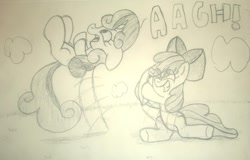 Size: 958x612 | Tagged: safe, artist:scrappyarts, apple bloom, sweetie belle, aaugh!, american football, claire corlett, michelle creber, monochrome, peanuts, traditional art, voice actor joke