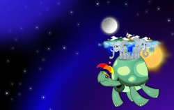 Size: 1900x1200 | Tagged: safe, artist:pixelkitties, tank, elephant, crossover, discworld, equestria, flat world, great a'tuin, hat, moon, photoshop, space, sun, umbrella hat