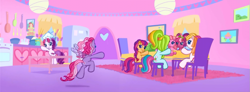 Size: 1183x435 | Tagged: safe, screencap, cheerilee (g3), pinkie pie (g3), rainbow dash (g3), scootaloo (g3), starsong, sweetie belle (g3), toola roola, g3.5, chef's hat, core seven, g3 panorama, hat, panorama, waiting for the winter wishes festival