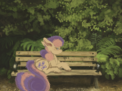 Size: 1024x768 | Tagged: safe, artist:celestiawept, bon bon, sweetie drops, earth pony, pony, bench, lidded eyes, looking at you, park, profile, prone, solo, unshorn fetlocks