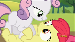 Size: 1600x900 | Tagged: safe, screencap, apple bloom, sweetie belle, earth pony, pony, unicorn, brotherhooves social, discovery family logo, female, filly, foal, looking at each other, on back, out of context