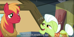 Size: 1915x960 | Tagged: safe, screencap, big macintosh, granny smith, earth pony, pony, brotherhooves social, male, meme, stallion, youtube caption