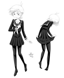 Size: 982x1200 | Tagged: safe, artist:reavz, snails, equestria girls, clothes, crossdressing, grayscale, monochrome, school uniform