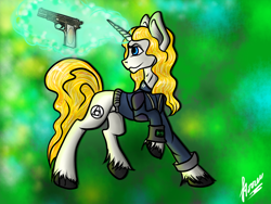 Size: 1600x1200 | Tagged: safe, artist:stirren, oc, oc only, pony, unicorn, fallout equestria, gun, pistol