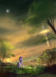 Size: 1600x2200 | Tagged: dead source, safe, artist:shamanguli, twilight sparkle, unicorn twilight, duck, unicorn, beach, dutch angle, lighthouse, scenery, solo, sunset